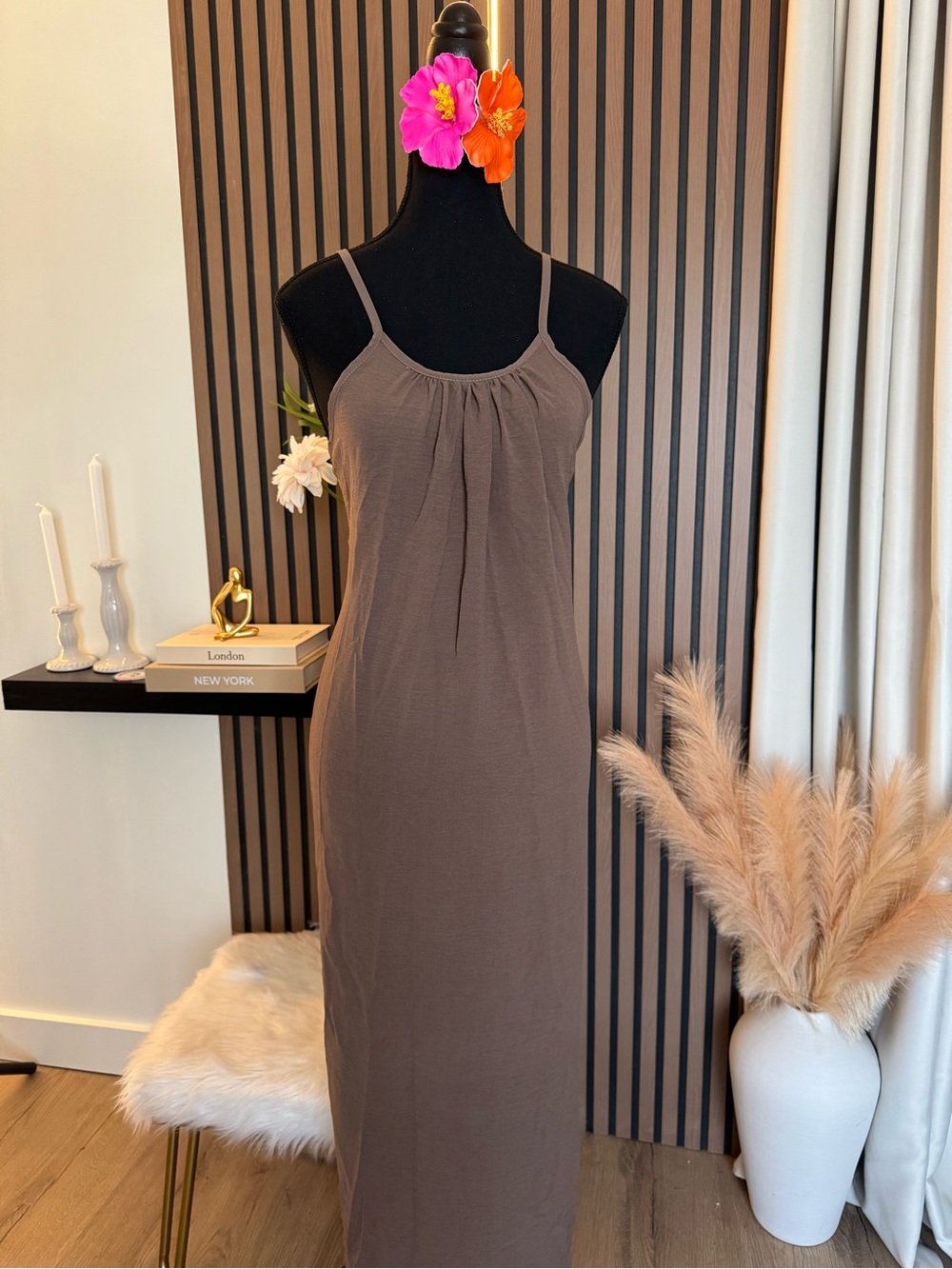 Sleeveless Spaghetti Strap Maxi Dress in Taupe